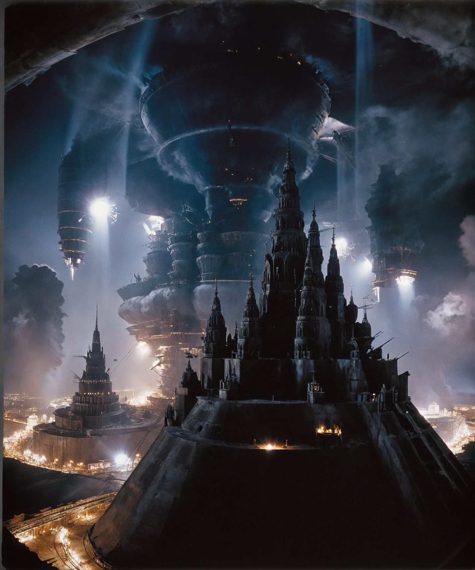 A spired capital hull breaching the Storm Crown — fire-light up the flanks