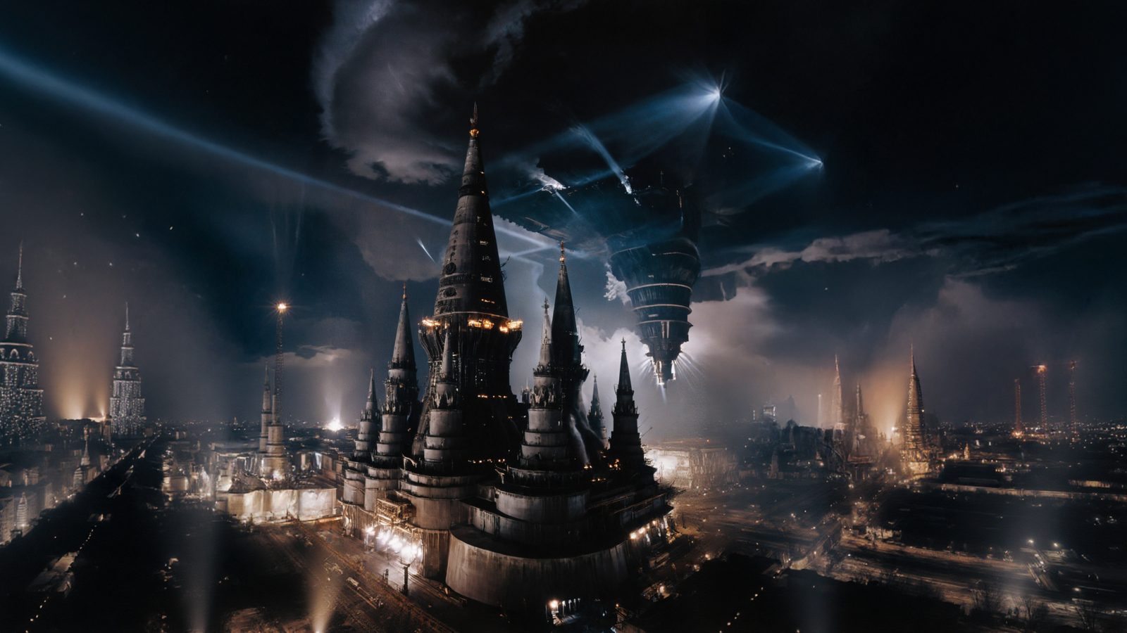 Suborbitals over the amber-lit works — the spired city burning low beneath them