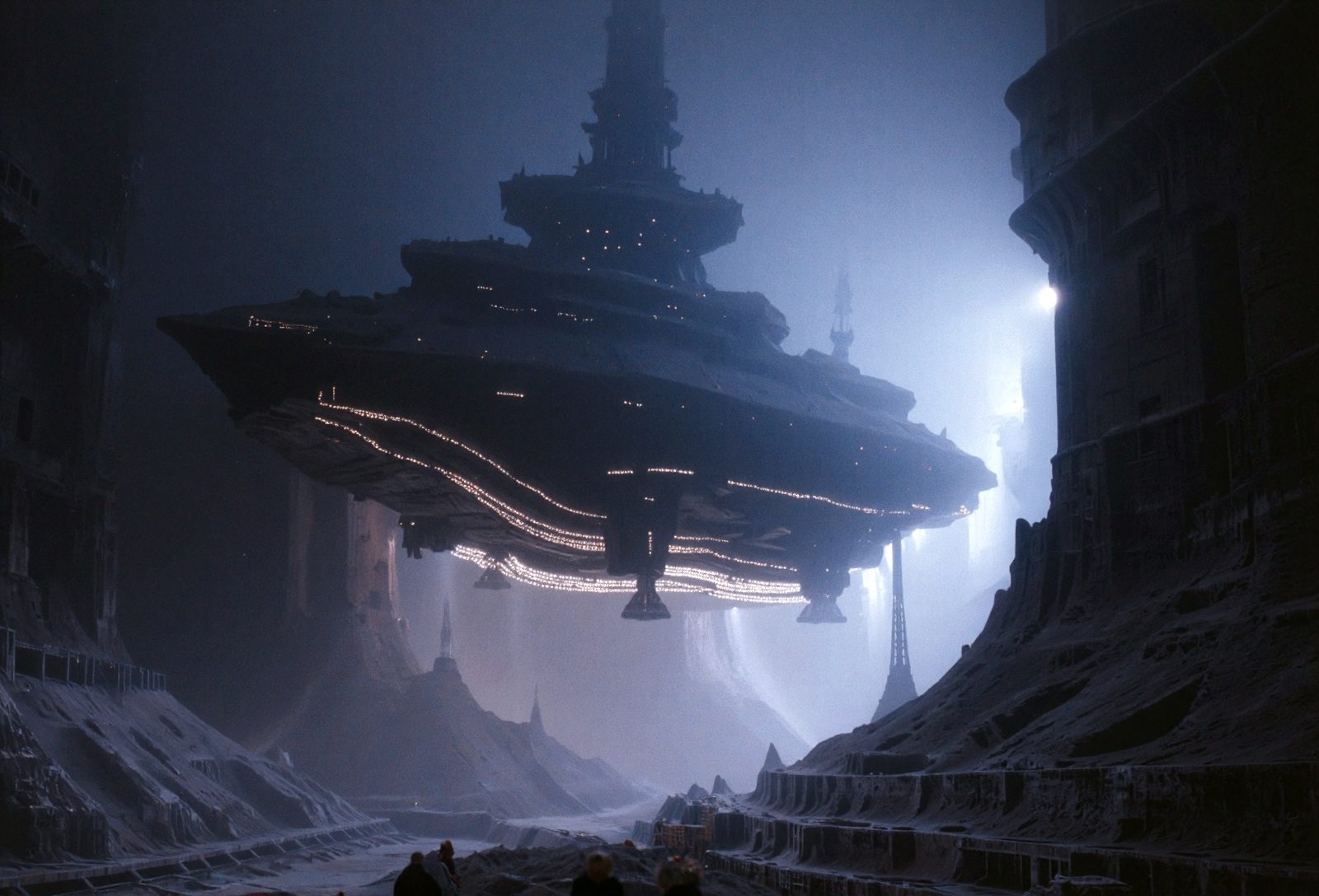 A capital suborbital in the blue-lit canyon berth — terraced stone, cold reflected light