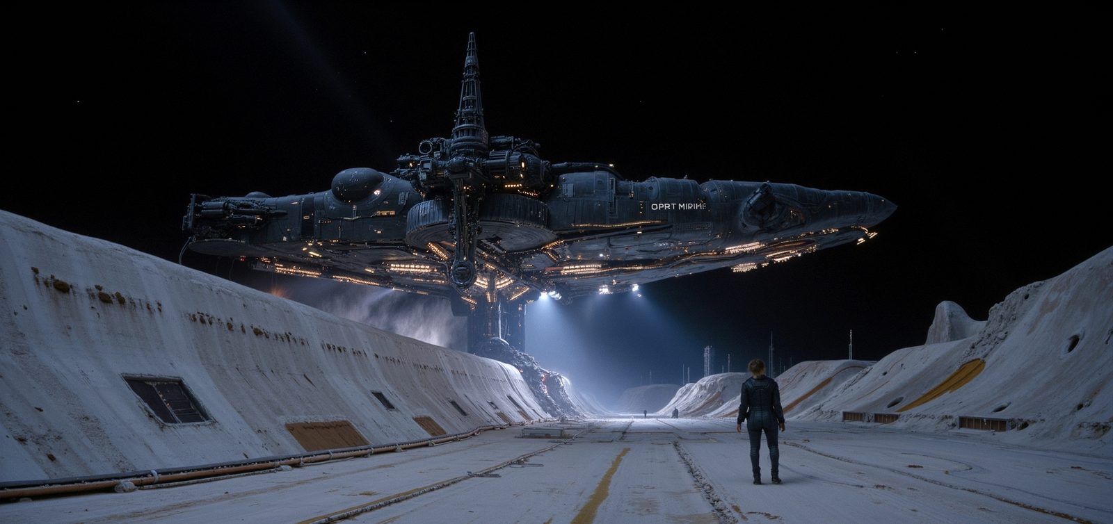 At the launch corridor's mouth — a single figure walking out to meet the hull