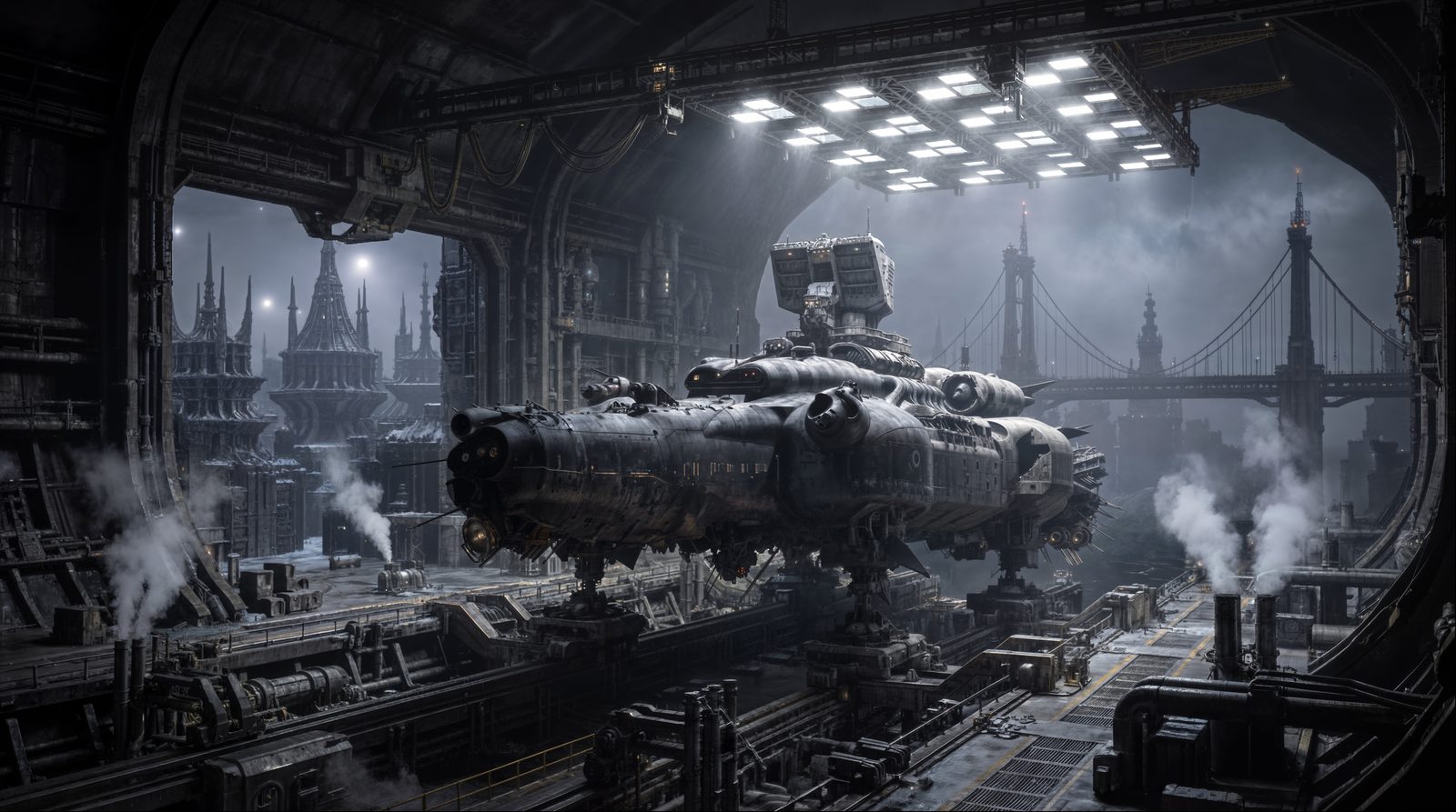 Photoreal generative armored freighter suspended in an industrial gantry dry-dock, steam venting, gothic city beyond